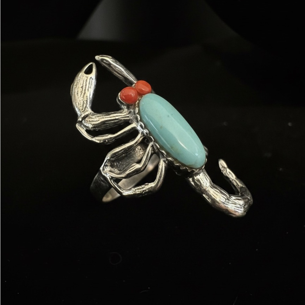 Silver‎ Scorpion Ring with Turquoise and Red coral Accents - Picture 3 of 6